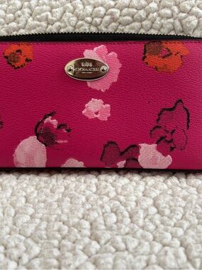 Coach Hot Pink Magenta Floral Zip Wallet with Orange Accent